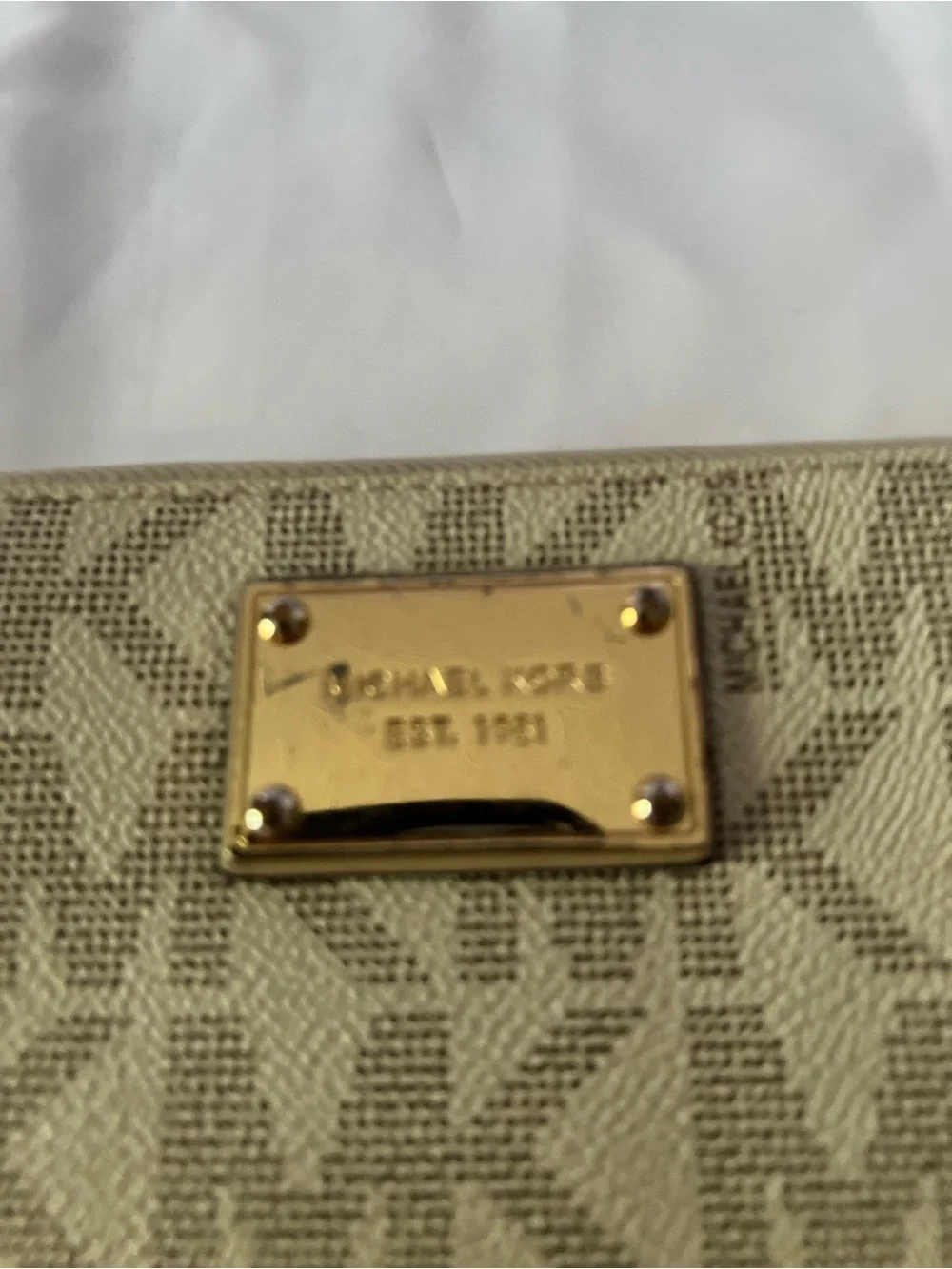 Michael Kors Tan Signature MK Zip Around Wallet with Gold Plaque